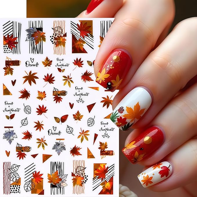 Maple Leaf Nail Art Stickers 3D Laser Shiny Autumn Winter Maple Red Leaf Nail Decals Autumn Maple Leaf Pumpkin Mushroom Nail Decoration Autumn Thanksgiving Day Nail Sticker for Women Nail Accessories
