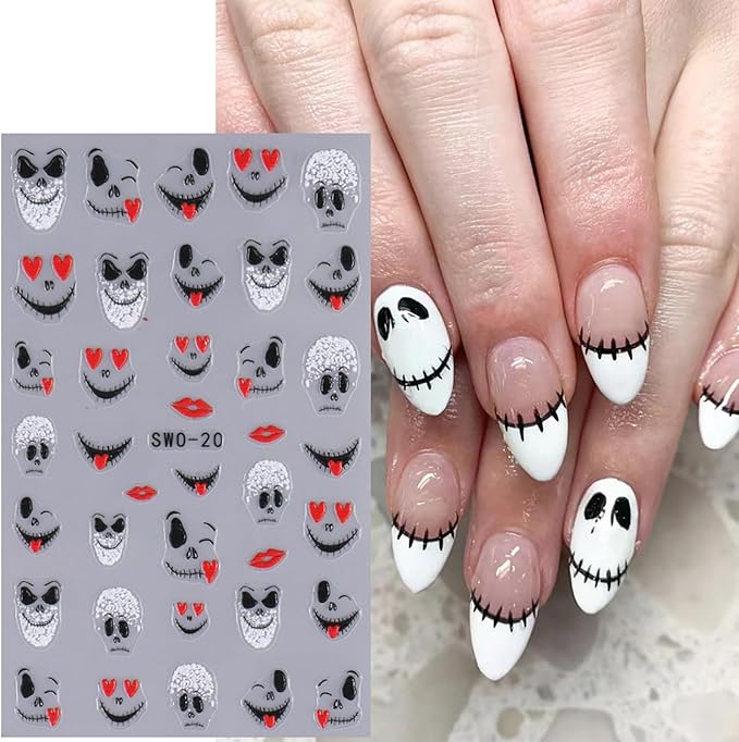 5 Pcs Halloween Nail Stickers,Spider Webs Cute Ghost 3D Self-Adhesive Nail Decals Cat Skull and Pumpkin Designs Nail Decorations Halloween DIY Manicure Supplies for Women Girls