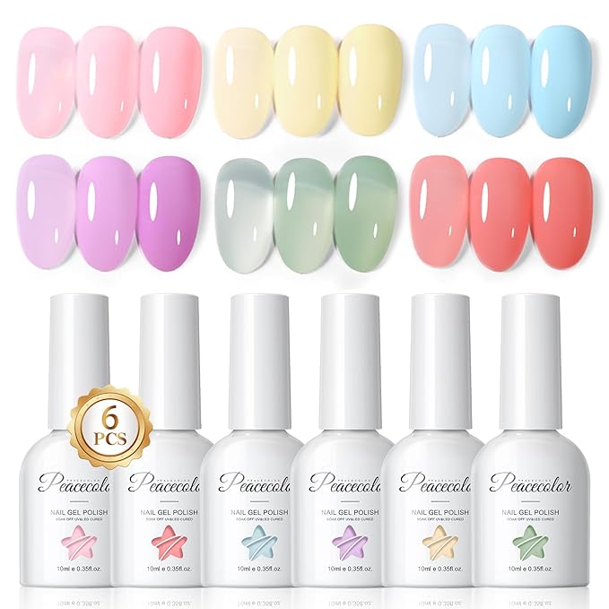Peacecolor 10ML Jelly Nail Polish Gel Set, 6 Transparent Colors Pink Blue Green Purple Yellow Gels Polish for Salon Sheer Gel Manicure Set Nail Art DIY at Home