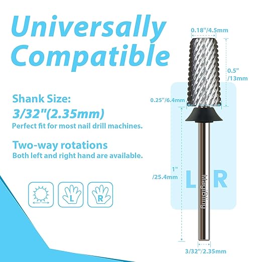 Professional Nail Drill Bits, Tungsten Carbide Cross Cut Tapered Barrel 3/32'' Safety Bits, Left and Right Hand Use, Remove Gel Fast, Manicure Pedicure Cuticle Gel Polishing, Extra Coarse.