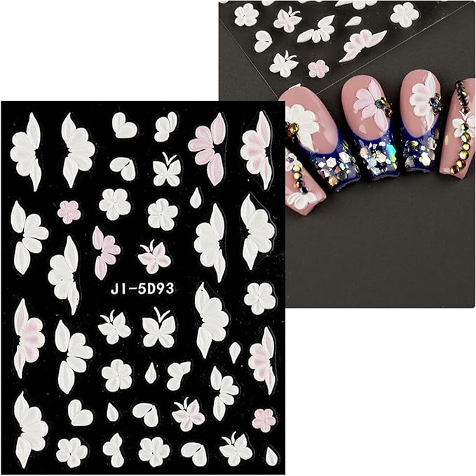 JMEOWIO 6 Sheets 3D Embossed Flower Butterfly Nail Art Stickers Decals Self-Adhesive Pegatinas Uñas 5D White Spring Floral Nail Supplies Nail Art Design Decoration Accessories