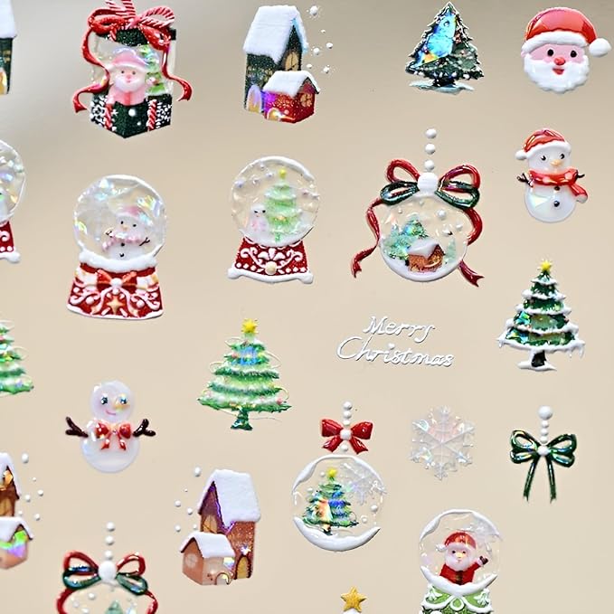 Christmas Nail Stickers 5D Self-Adhesive Winter Nail Art Sticker Snowman Snowflakes Nail Decals Christmas Crystal Ball Nail Design Xmas Tree Nail Art Decoration for Women and Girls