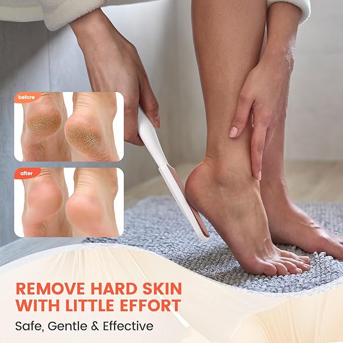 BEZOX Long Handle Glass Foot File Callus Remover, Foot Scrubber for Dead Skin, Cracked Heel Foot Scraper - White