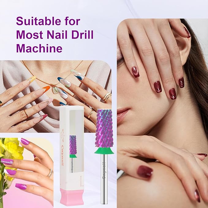 Cnynail 3/32" Large Tapered Barrel Flat Bit Tungsten Carbide Nail Drill Bit Safety Bit for Gel & Acrylic Removal, 2- Way Rotating Efile Tip, Salon Electric File Accessory (C Girt, Purple)