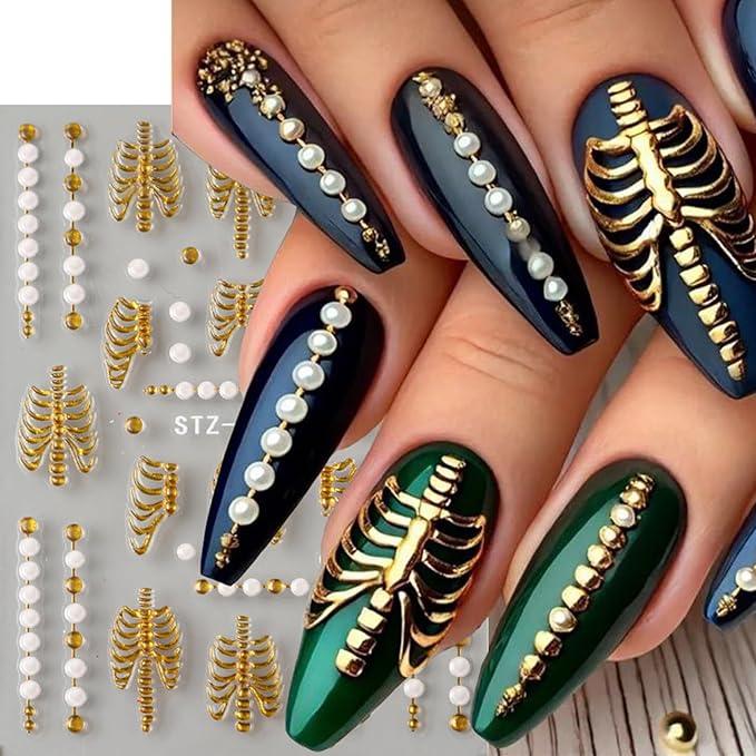 2PCS Halloween Nail Art Stickers Decals 5D Embossed Skeleton Bones Nail Stickers Horror Gold Rose Gold Skull Rose Designs Halloween Nail Art Supplies Gothic Adhesive Sliders for Women DIY Manicure