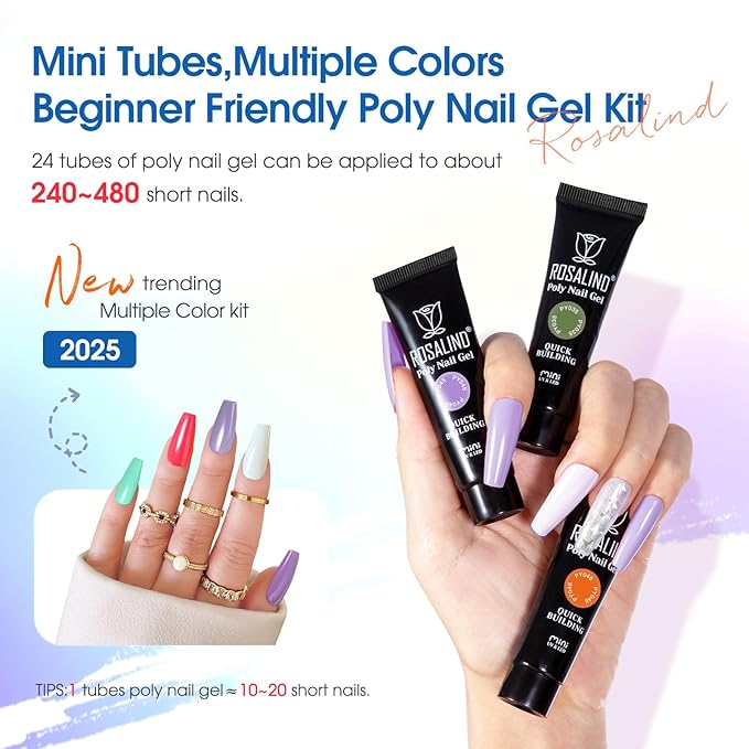 ROSALIND Poly Nail Gel Kit -24 Colors with Accessories Neon Poly Nails Gel Starter Kit with Slip Solution Mini UV Lamp Base Top Coat, Halloween All Seasons Classic Colors Poly Extension Gels Nails Kit