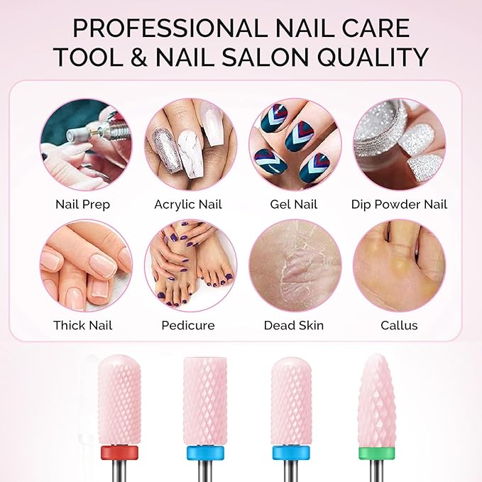 MelodySusie Ceramic Nail Drill Bits Set, 3/32'' (2.35mm) Professional Acrylic Nail File Drill Bit for Manicure Pedicure Cuticle Gel Nail Polishing, 4Pcs, Pink