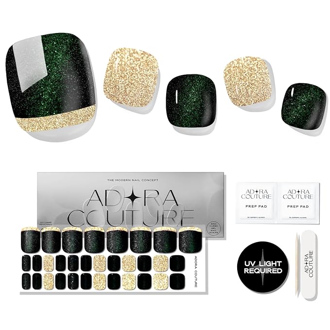 Semi Cured Gel Nail Strips - 32 pcs Gel Pedicure Stickers, Easy to Apply & Remove Toenail Stickers, Salon Quality at Home & Long Lasting - UV Nail Lamp Required - Noir P