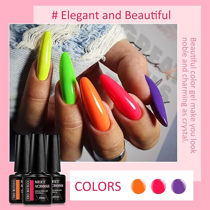 MEET ACROSS Neon Gel Nail Polish Set, 8 Colors Orange Yellow Green Blue Hot Pink Red Purple Spring Summer Nail Polish Kit Fluorescent Gel Polish Set for Home DIY Manicure Nail Salon