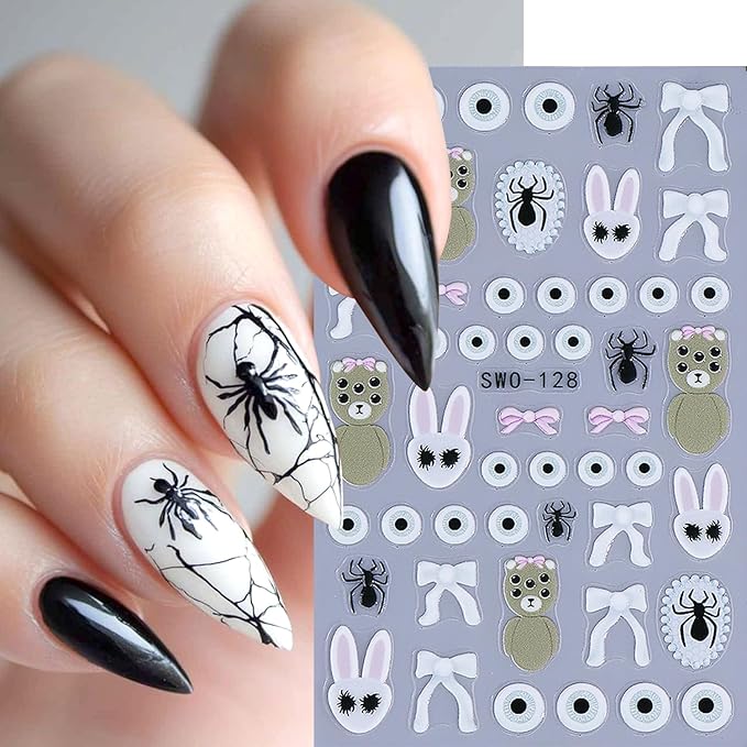 2Sheets Halloween Nail Art Stickers 5D Embossed Evil Snowman Ghost Designs Nail Decals Self-Adhesive Skull Pumpkin Nail Stickers Litter Bear Eye Nail Decal Spider Nail Sticker for Women Nails Decor
