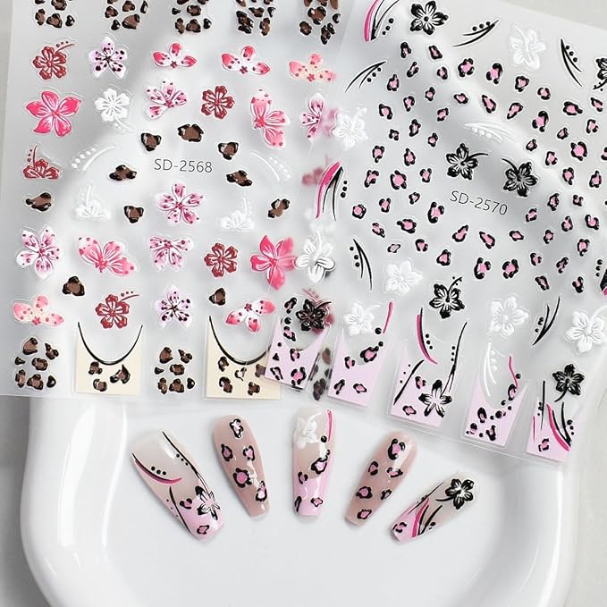 Fall Flowers Nail Art Stickers, Maillard Leopard Lily Nail Decals 3D Embossed with Sweet Cool Spicy Girl Style Design 8Pcs Nail Art Supplies for Women Nail Decoration