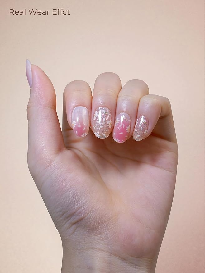 Pre Cured Gel Nail Strips - 44PCS Salon Quality Gel Nail Stickers - Long Lasting Polish Wraps for Women no UV Light Needed Easy Apply& Remove (PetalPink)