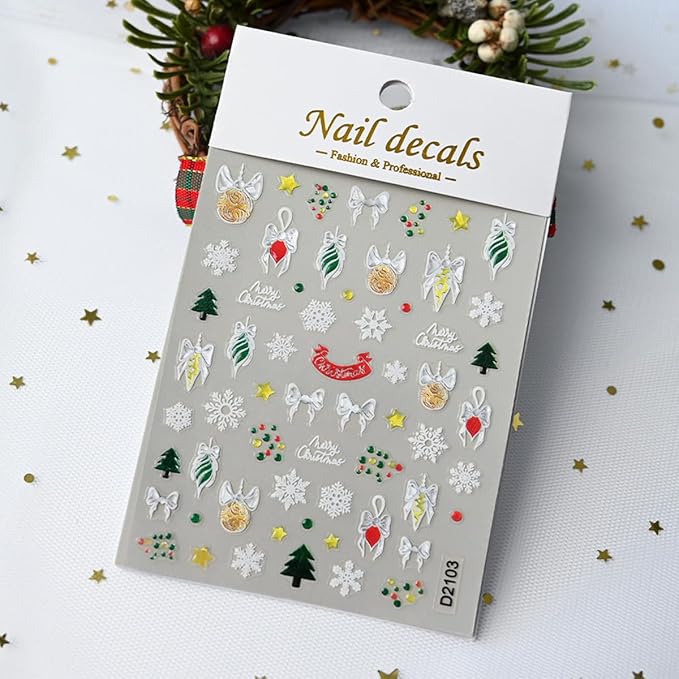 6 Sheets Christmas Nail Stickers, Christmas Tree Bell Snowflake Nail Art Stickers 3D Self-Adhesive Nail Art Supplies Santa Claus Elk Design Winter Xmas Nail Decals for Women DIY Holiday Manicure Decor