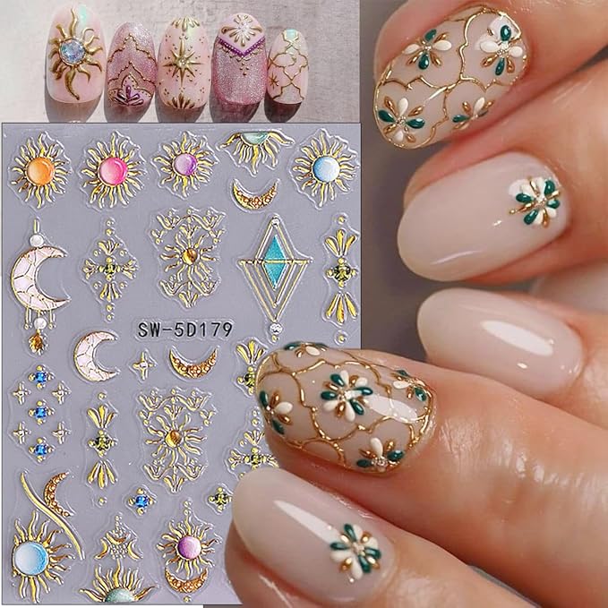 2 Sheets Embossed Sun Star Nail Stickers Bohemian Style Gold Nail Decals Sun Moon Nails Art Stickers Bohemia Luxury Gem Metallic Nail Design Stars Sticker for Manicure Decoration Supplies Tips