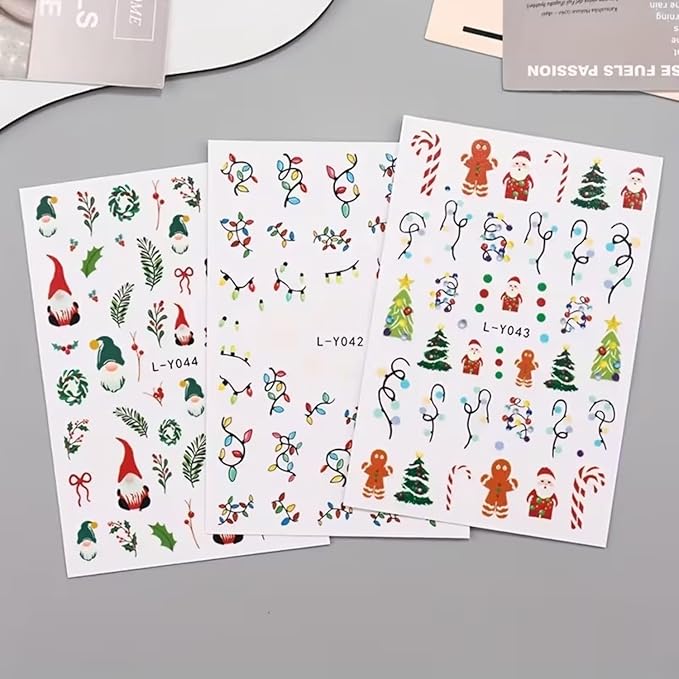 6PCS Christmas Nail Art Stickers Decals Gnome Santa Claus Nail Decals 3D Self-Adhesive Luminous Nail Stickers Christmas Tree Holly Light String Nails Designs Xmas Nails Supplies for Women Manicure