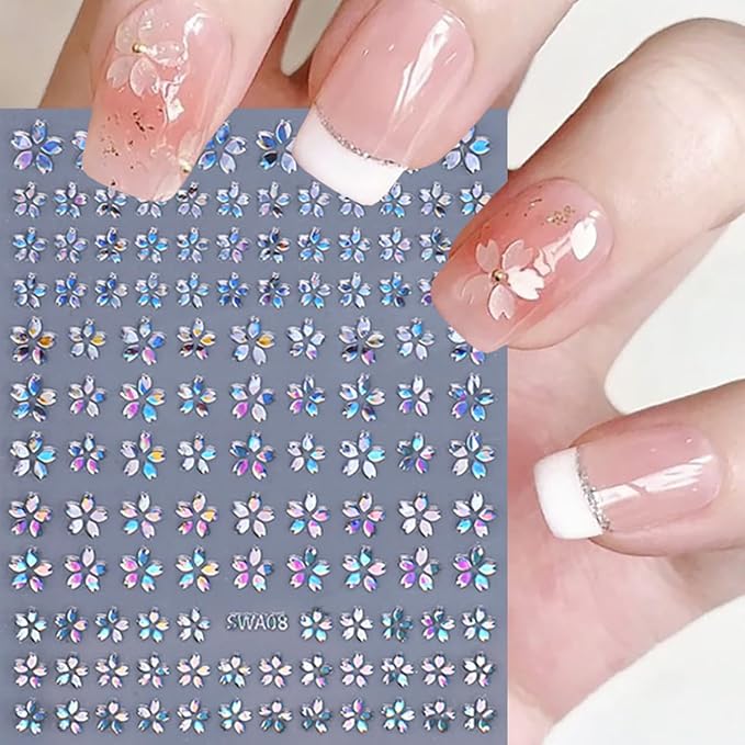 Flower Nail Art Stickers Decals 3D Self-Adhesive Laser Gold Sliver Cherry Bblossoms Flowers Nail Design Sticker Floral Spring Nail Art Supplies for Women and Girls Acrylic Nail Decoration 6 Sheets