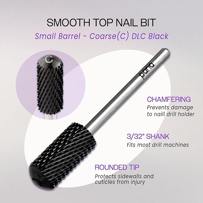PANA 3/32" Small Smooth Round Top Safety Carbide Nail Drill Bit for Gel Polish & Acrylic Removal Nail Salon Manicure Pedicure Electric File Tools (Small Barrel - DLC Black, Coarse)
