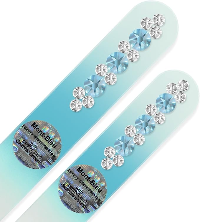 Double Sided Fingernail File for a Smooth Finish - Mont Bleu Set of 2 Glass Nail Files Hand Decorated with Crystals - Handmade Gifts - Your Nail Health in Your Hands - Czech Glass File