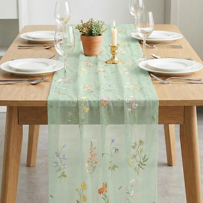 Artoid Mode 3PC Wildflower Floral Sage Green Gauze Embroidery Table Runner 120 - Image 3