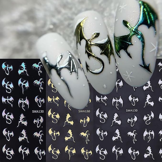 6 Sheets Halloween Nail Art Stickers 3D Self -Adhesive Bat Nail Decals Holographic Hot Stamping Gold Silver Laser Bat Nail Stickers Halloween Nail Decoration for Women Manicure Supplies
