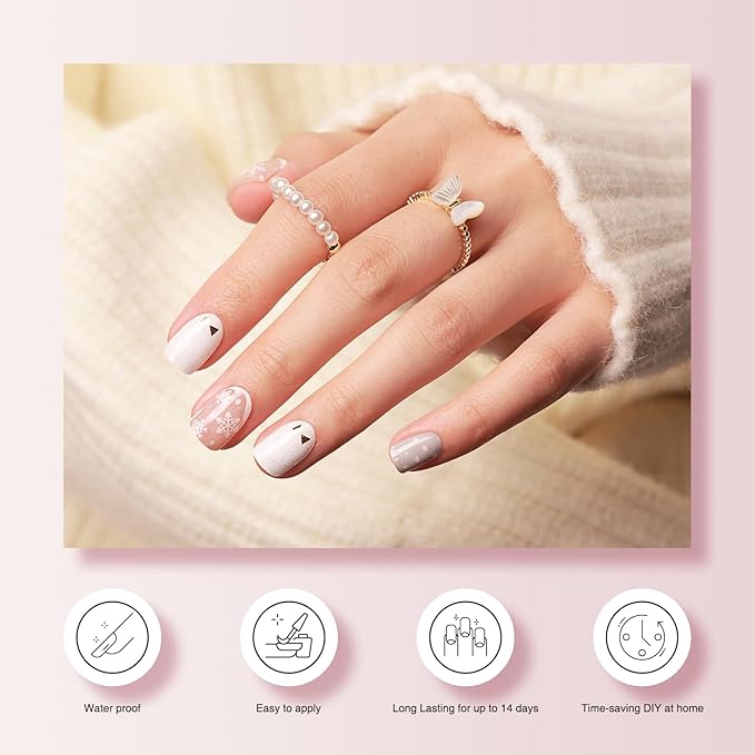 Semi Cured Gel Nail Strips, Christmas 20 PCS Nail Stickers Work with UV Light, Salon Quality & Easy to Use - Snowy Glow