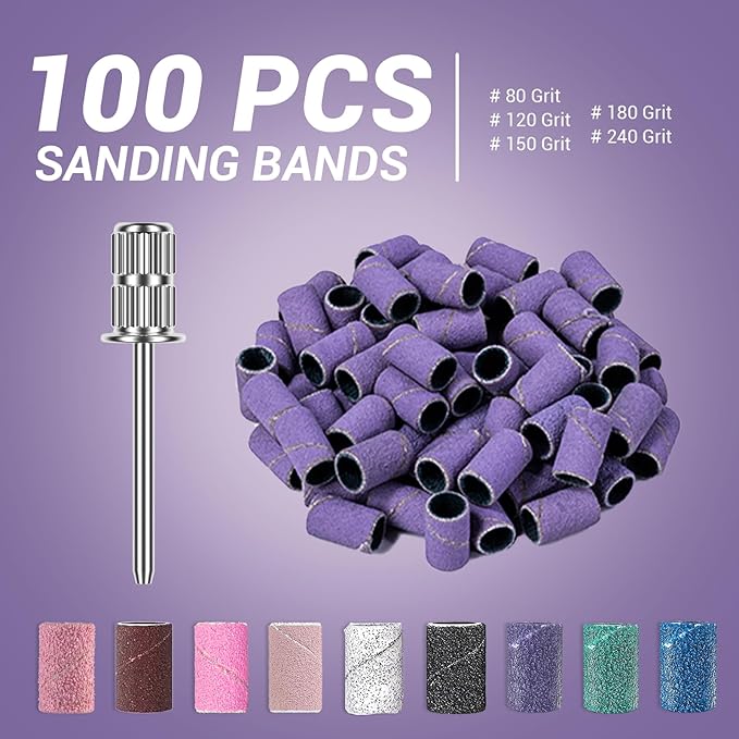 MelodySusie 100 Pcs Nail Drill Bits Sanding Bands for Nail Drill 240 Extreme Fine Grit Nail File Sanding Bands for Acrylic Nails Gel Manicures and Pedicure, Purple
