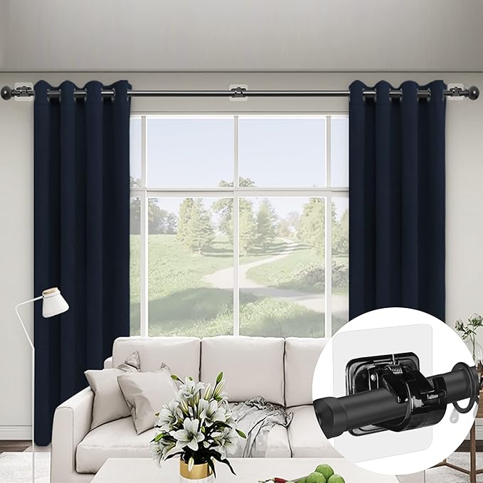 8PCS No Drill Curtain Rod Brackets No Drilling Self Adhesive Curtain Rod Holder Hooks Nail Free Curtain Rod Hooks Curtain Hangers for Bathroom Kitchen Home Bathroom and Hotel (Black)