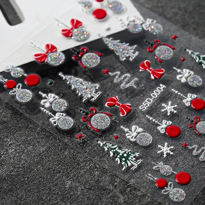 6Pcs Christmas Nail Stickers 5D Golden Silver Nail Decals DIY Self Adhesive Snowflake Tree Red Bow Design Nail Decoration Winter Nail Art Stickers Supplies Holiday Manicure Accessories for Women