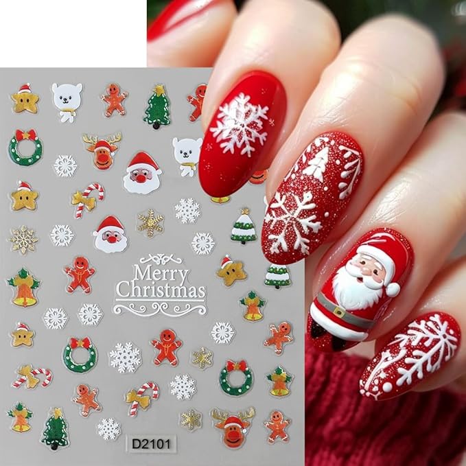 6Pcs Christmas Nail Stickers 5D Christmas Tree Snowball Nail Stickers for Nail Art Santa Claus DIY Self Adhesive Cute Bow Gingerbread Man Nail Decals Snowflake Nail Decoration Supplies for Women
