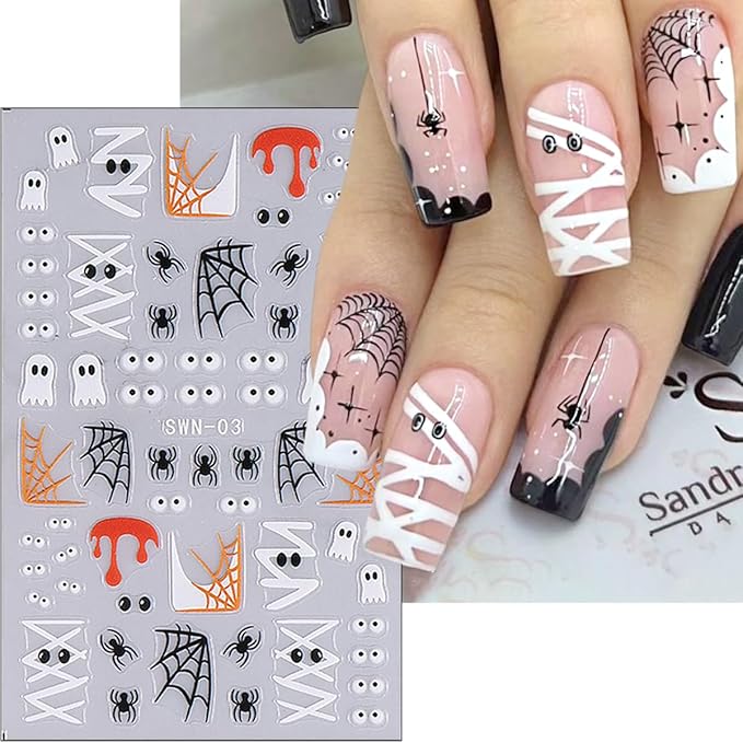 8 Sheets Halloween Nail Art Stickers Decals 3D Self-Adhesive Horror Ghost Spider Web Spider Pumpkin Hand Bone Skull Black Cat Nail Stickers Cute Halloween Nail Decals for Women Party Nails Supplies