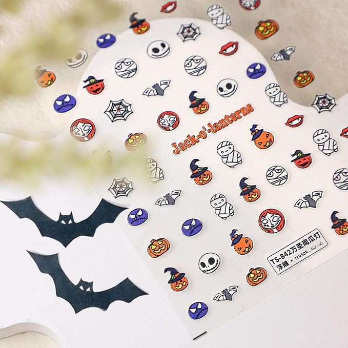 Halloween Nail Stickers for Nail Art - Cute Ghost Nail Art Sticker Halloween Pumpkin 5D Embossed Nail Decals Self-Adhesive Nails Supply Manicure Stickers for Nails Decoration