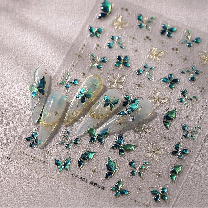 Butterfly Nail Stickers for Acrylic,5D Embossed Nail Art Stickers Self Adhesive Green Butterfly Nails Decals Gold Edge Butterflies Nails Supplies Crystal Jelly Designs for Women Spring Manicure