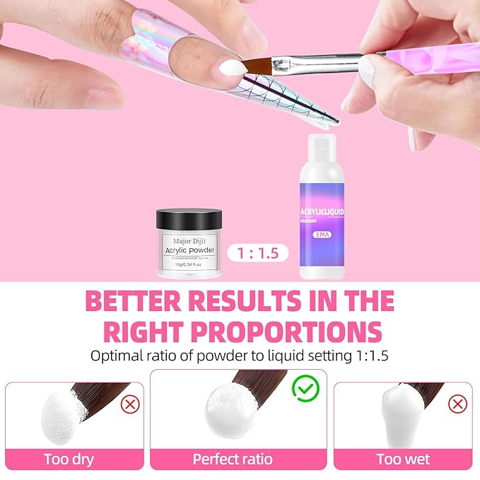 Major Dijit Acrylic Nail Kit with Drill - Starter Set with White Pink Clear Acrylic Powder, 6 Gel Polishes, UV LED Lamp, Nail Decorations and Tools for Home Manicure