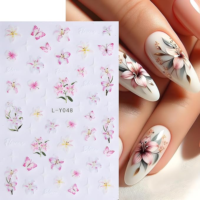 Flower Nail Art Stickers, Luminous Nail Art Decals 3D Self-Adhesive Flowers Fairy Butterfly Floral Leaf Nail Design 6PCS Luminous Nail Art Supplies for Women Nail Decoration