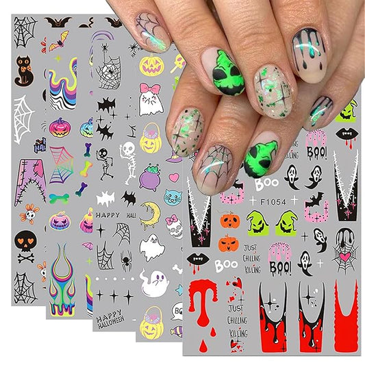 5 Sheets Halloween Nail Art Stickers 3D Self-Adhesive DIY Nail Decal with Cute Ghost Pumpkins Skull Spider Web Design Nail Art Stickers Decal for Women Girls Halloween Nails Decoration Accessories