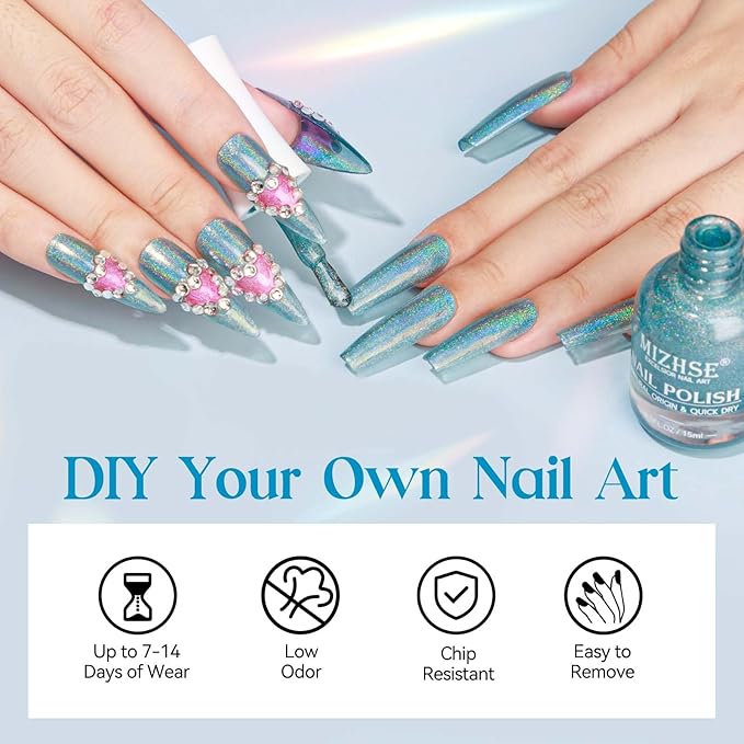MIZHSE Holographic Nail Polish, Blue Glitter Nail Polish Air Dry Fast, 15ml/0.5 fl oz High Glossy Shiny Shimmery Nail PigmentLaser Oil-based Iridescent Chrome Halo Nail Art Salon Manicure at Home