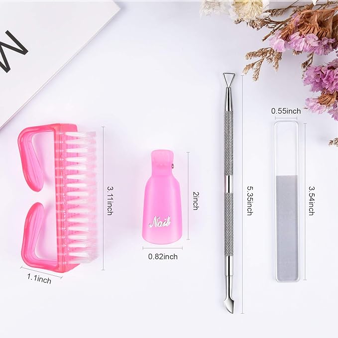 MORGLES Nail Polish Remover Clips, Gel Polish Remover Kit with 10 Pcs Nail Clips, 300 Pcs Cotton Pads, 100/180 File, Glass Shiner, Cuticle Pusher and Brush-Pink
