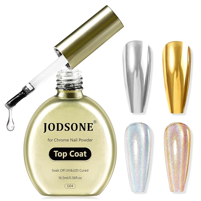 JODSONE Top Coat for Chrome Nail Powder - 16.5ml No Wipe Gel Top Coat for Rubbing Mirror/Chrome Nail Powders, Smooth Finish, High Gloss, U V/LED Curing Needed