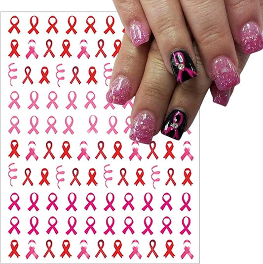 Breast Cancer Nail Art Stickers 3D Self-Adhesive Pink Ribbon Nail Stickers Heart Breast Cancer Awareness Design Nail Decals Stickers for Women Girls DIY Manicure Decoration 8Sheets