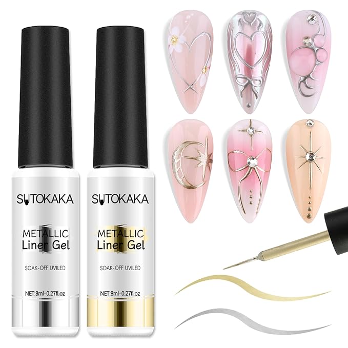 Metallic Liner Nail Art Gel 2pcs 8ml Silver Bronze Gold Mirror Chrome 3D Effect Gel Nail Polish for Painting Drawing Line Swirl Build in Thin Brush Soak Off UV/LED Manicure Set