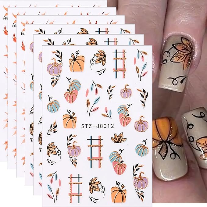 6 Sheets Fall Nail Art Stickers Decals, Thanksgiving Nail Art Accessories 3D Self Adhesive Fall Leaves Nail Decals Autumn Pumpkin Maple Leaf Nail Design DIY Manicure Decoration for Women Nail Supplies