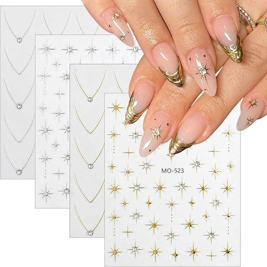 4Pcs Glitter Star Nail Stickers French Tip Nail Art Stickers with Rhinestones Design Star Sticker Gold Silver French Stars Nails Decals DIY Starlight Nails Supplies for Women Frenchs Manicure Charms