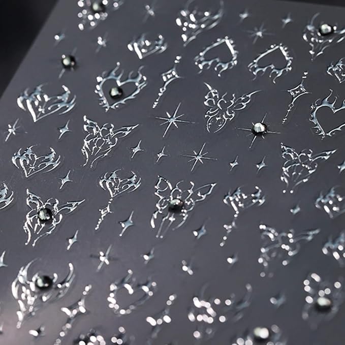 Silver Nail Art Sticker Decals Star Nail Stickers Butterfly and Heart with Design Self Adhesive Nail Decals 5D Embossed Rhinestone Manicure DIY Supply Decoration Accessories for Women