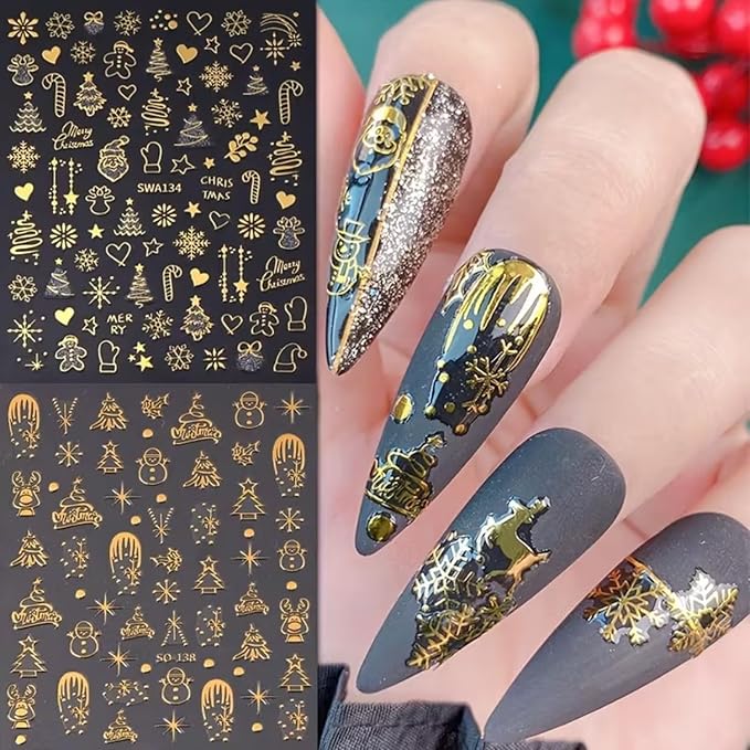 Christmas Nail Art Stickers Decals 6PCS Gold Silver Snowman Snowflake Nail Decals 3D Self-Adhesive Winter Nail Stickers Christmas Tree Santa Claus Elk Holly Christmas Nails Designs Xmas Nails Supplies