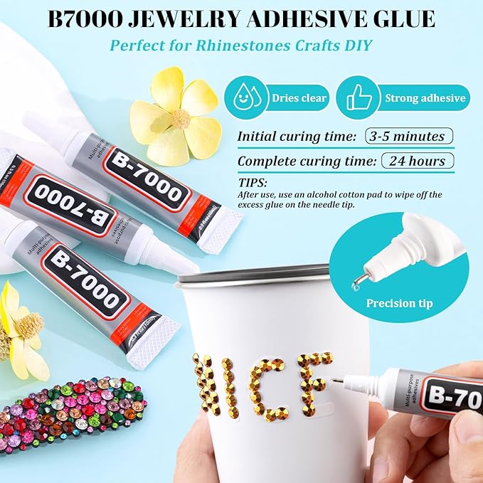 6100Pcs Resin Rhinestones for Crafting with 2Pcs 10ml B7000 Jewelry Glue, 1 Box Flatback Crystals Diamond (Gold) for Bedazzling Crafts DIY Nail Art Non Hotfix Gems for Clothing Shoes Tumblers