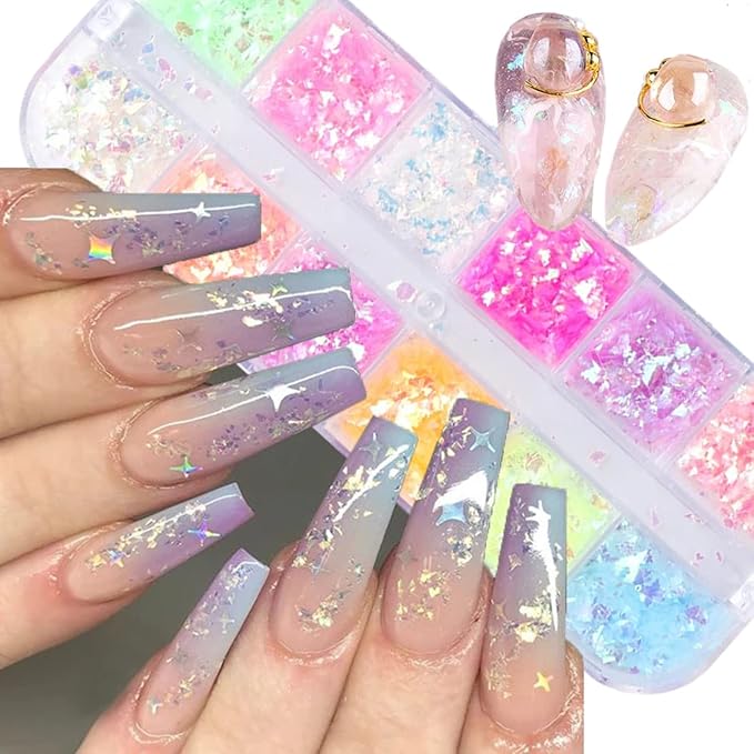 12 Grids Flaky Nail Art Glitter Sequins 3D Holographic Acrylic Nail Art Flakes Irregular Mermaid Nail Glitters Colorful Fluorescent Glass Paper Nail Sequins Women Party DIY Nail Beauty Accessories