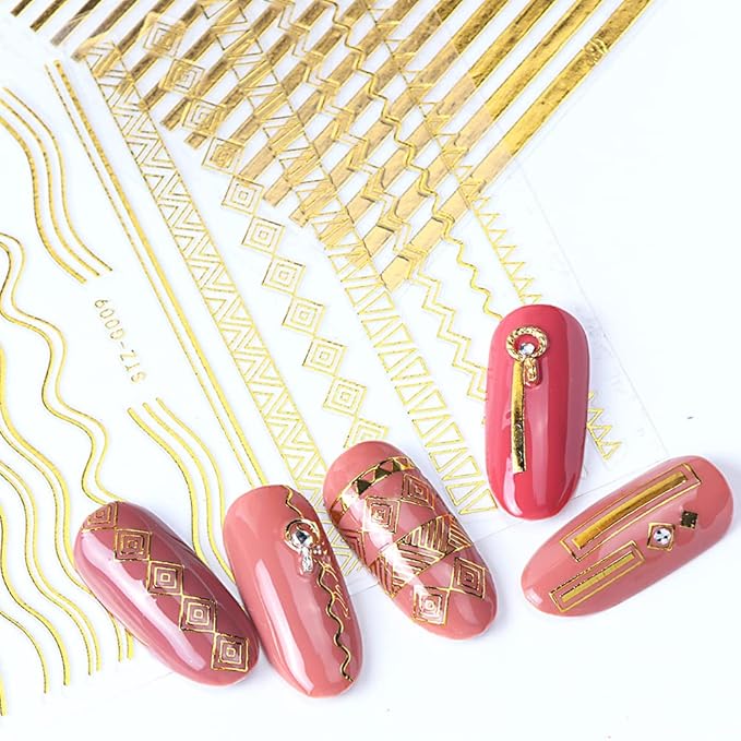 10 Sheets Gold Lines Nail Art Stickers Decal,Metal Geometric Stripe Wavy Line Self Adhesive Nail Decals French Classic Simple 3D Designs Nail Foil Stickers Sliders Manicure Decorations for Women Girls