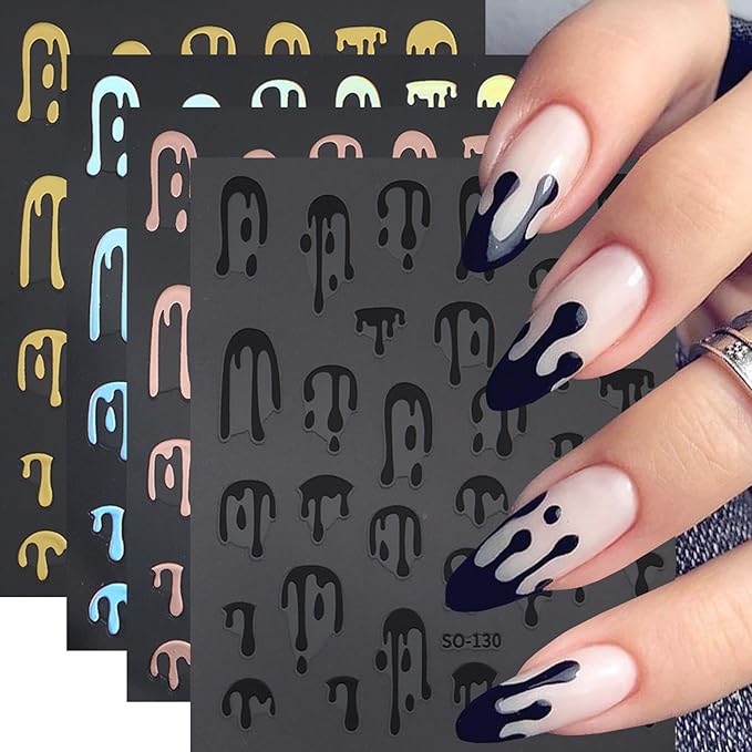4pcs Halloween Nails Art Stickers -3D Self-Adhesive Nails Supply Black Gold Rose Gold Blood Dropping Design Y2K Scary Blood Nail Decals Sliders Halloween Laser Sliver Bloody DIY Manicure Decor