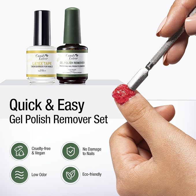 Candy Lover Gel Nail Polish Remover Kit, Latex Tape Peel Off Liquid and Gel Polish Remover with Cuticle Pusher & Nail File, Remover for Nails in 3-5 Minutes, No Need Soaking or Wrapping