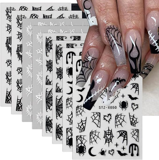 Halloween Nail Stickers Black Nail Decals Self-Adhesive Nail Art Stickers Spider Web Heart Star Moon Bat Design Spider Nails Sticker for Nails Art Decor Holiday Party Manicure for Women 8 Sheet